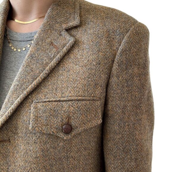 Vintage Harris Tweed Blue Brown Wool Chevron Woven in Scotland Sport Coat Blazer - Picture 2 of 11